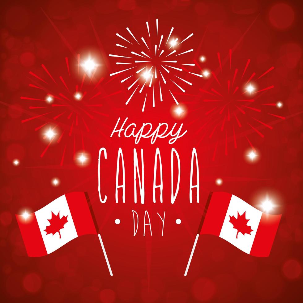 feliz dia canadense com bandeiras e fogos de artifício vetor