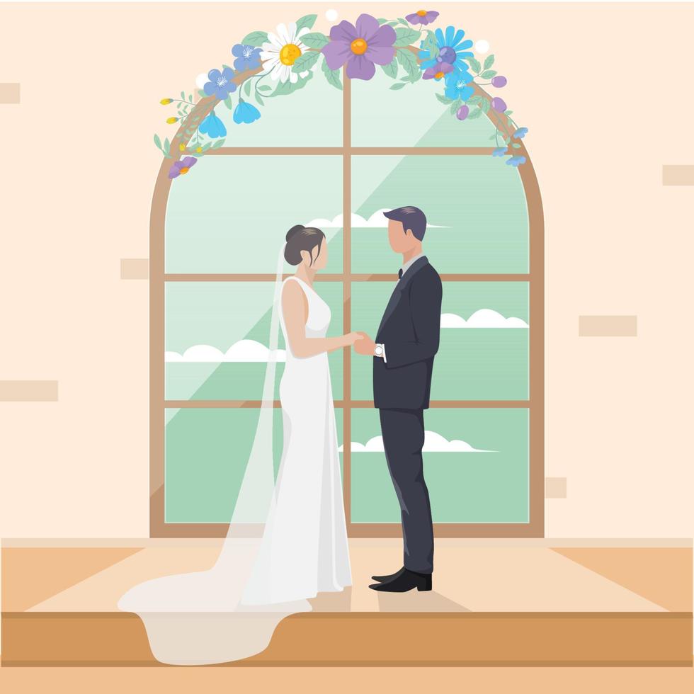 Casamento cerimônia com noivo e noiva em altar vetor
