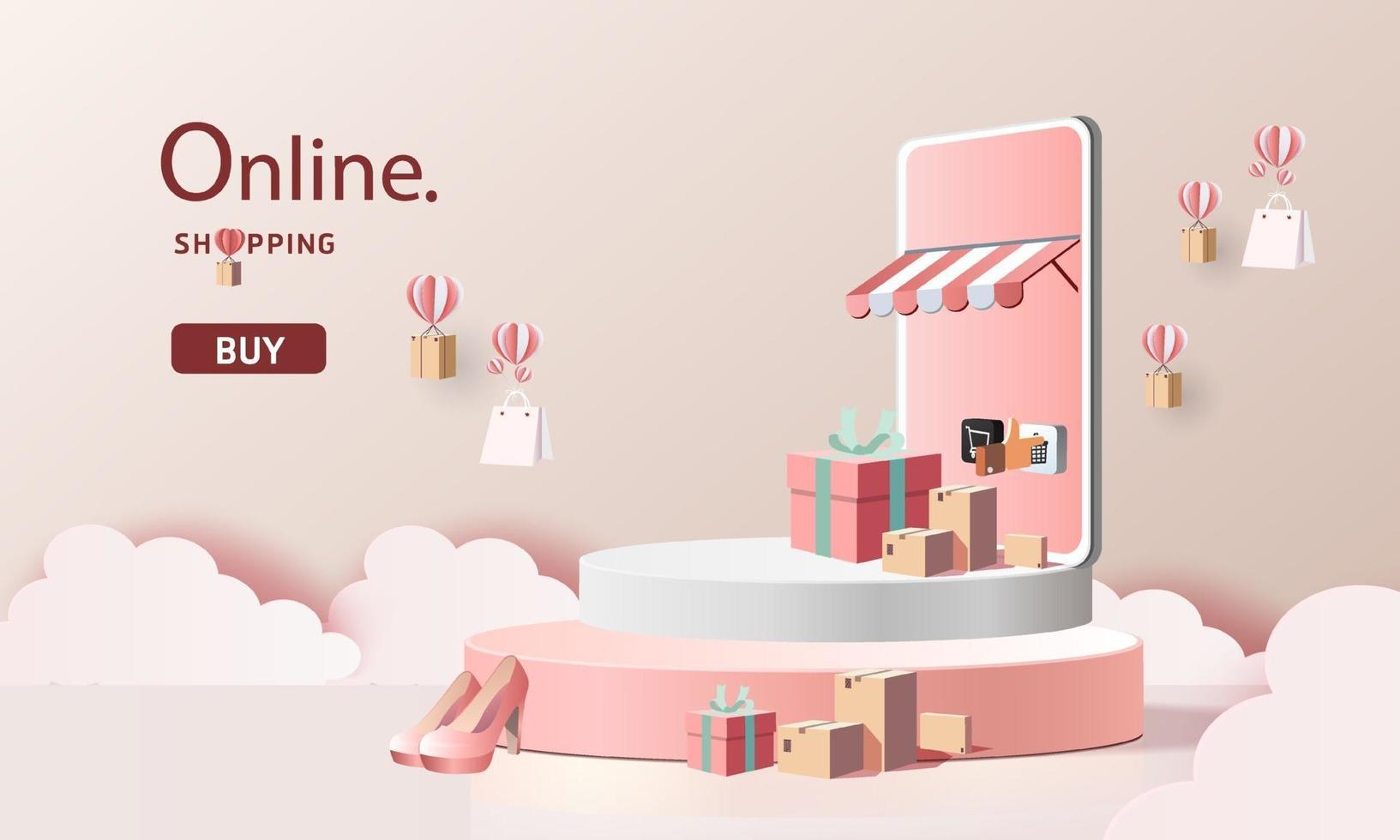 arte em papel, compras online no smartphone e novo comprar venda promoção rosa backgroud para comércio eletrônico de mercado de banner. vetor