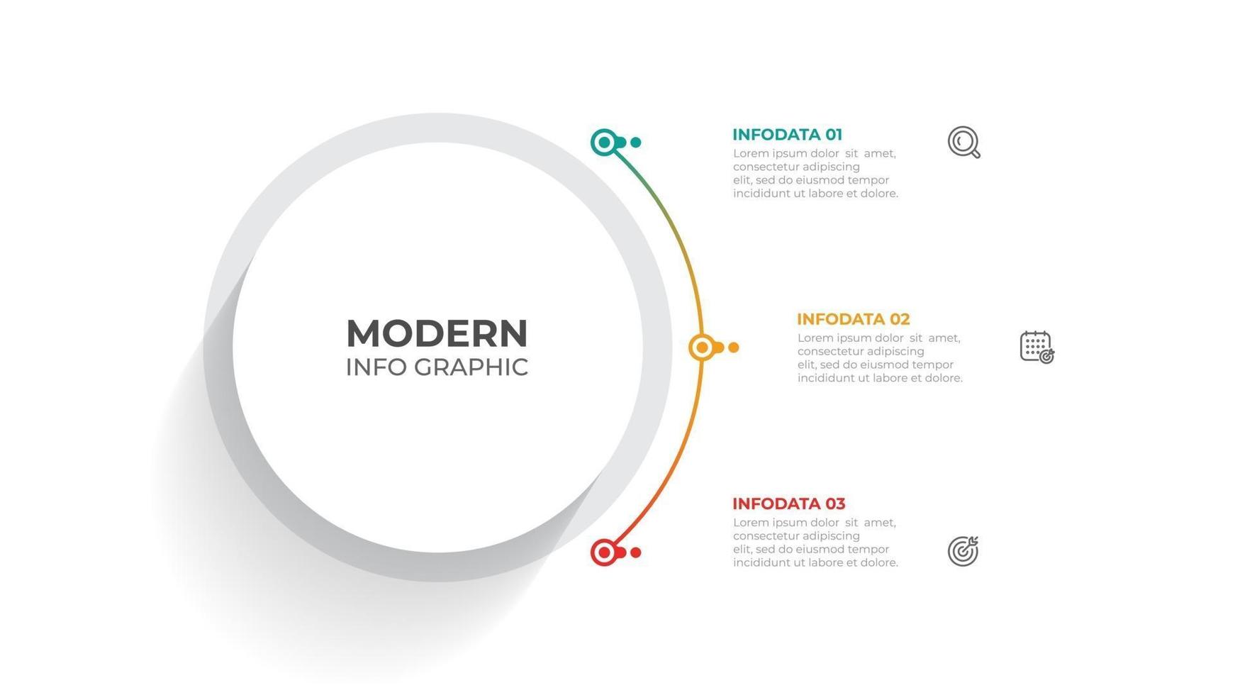 modelo gráfico de informação moderna com ícones de três etapas, opção, círculo e marketing. vetor