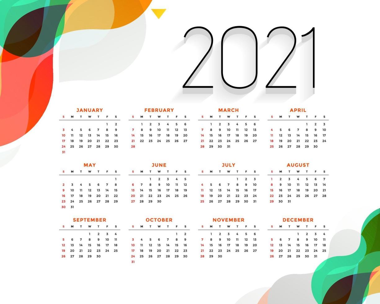 imprimir calendário colorido do ano novo 2021 vector design editável eps 10 redimensionável