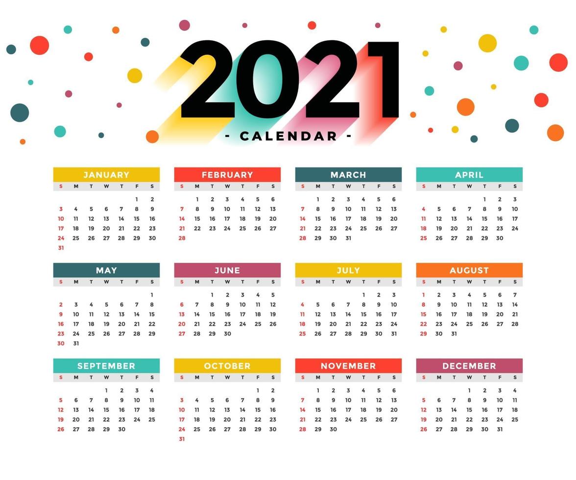 calendário colorido de ano novo 2021 desenho vetorial eps redimensionável 10 vetor