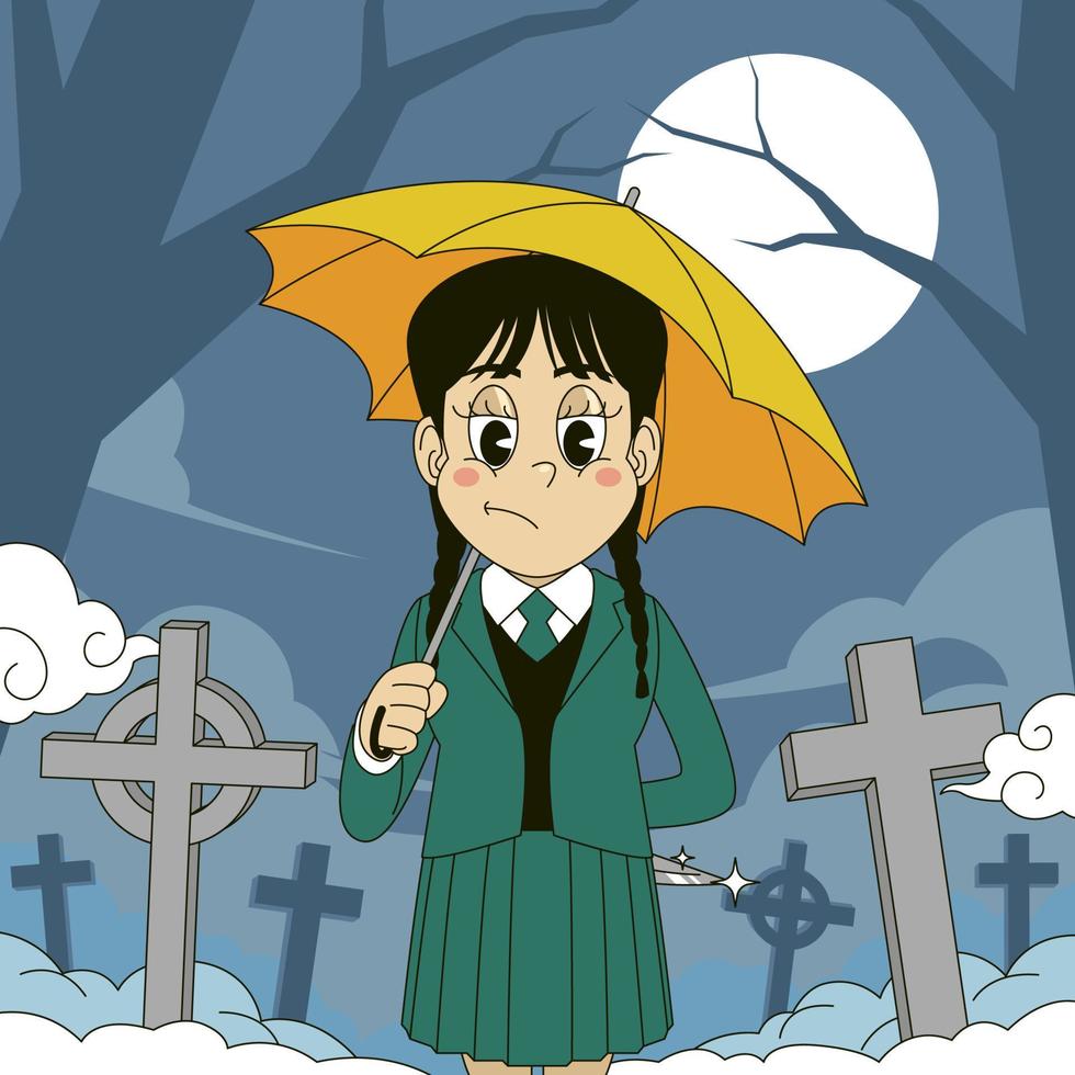 jovem menina em pé dentro a frente do cemitério segurando a guarda-chuva vetor