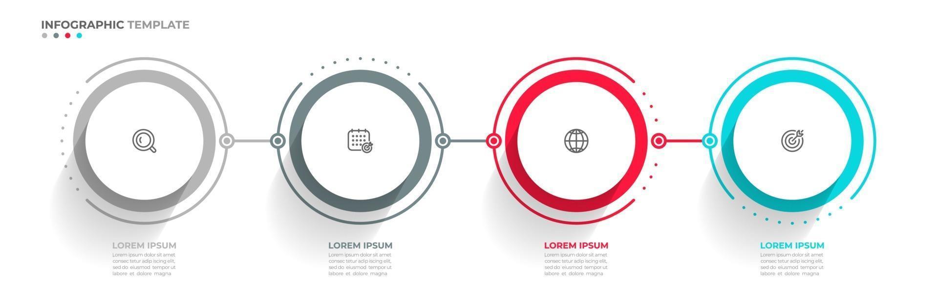 Processo de linha fina gráfico de informações de negócios com design de modelo de círculo com ícones e 4 opções ou etapas. pode ser usado para faixas de apresentações, layout de fluxo de trabalho, relatório anual, fluxograma, web design. vetor