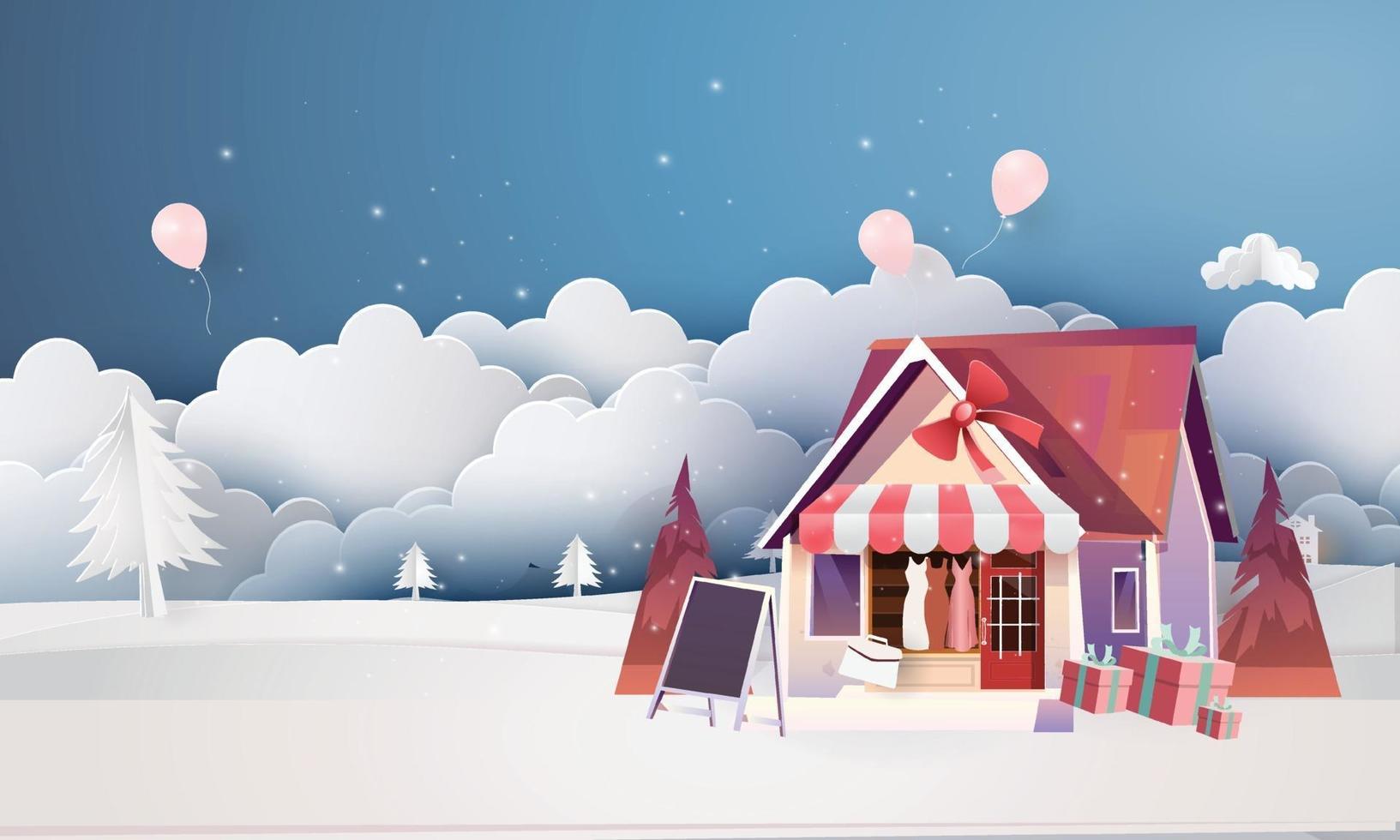 papel arte casa de neve em chrismas day festival outdoor e shop house night backgroud cartoon vetor