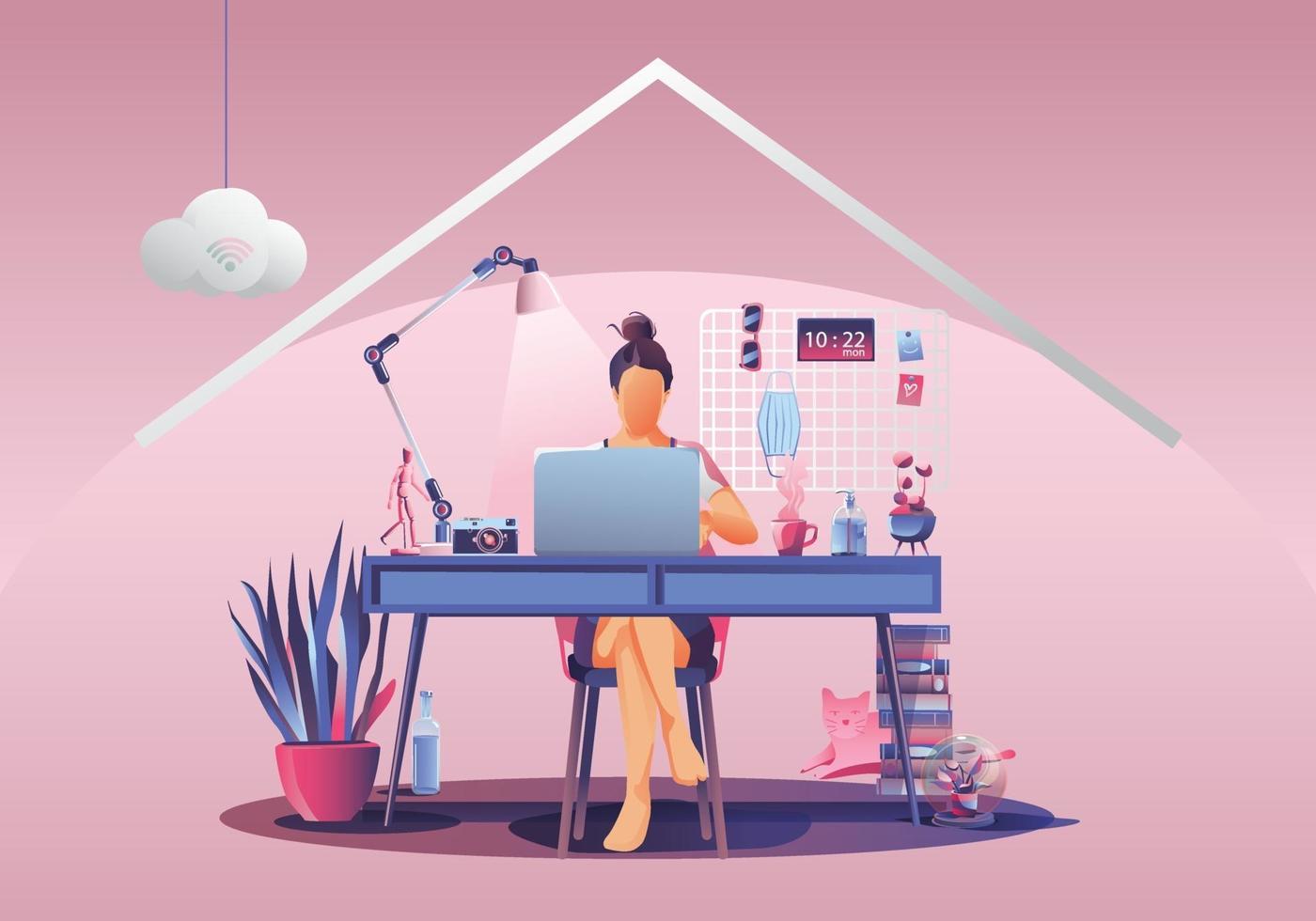 trabalhar a partir do conceito de casa, freelancers de jovem trabalhando em laptops em casa. pessoas em casa em quarentena. vista traseira do fundo rosa, ficar em casa ilustração vetorial. personagem de design plano vetor