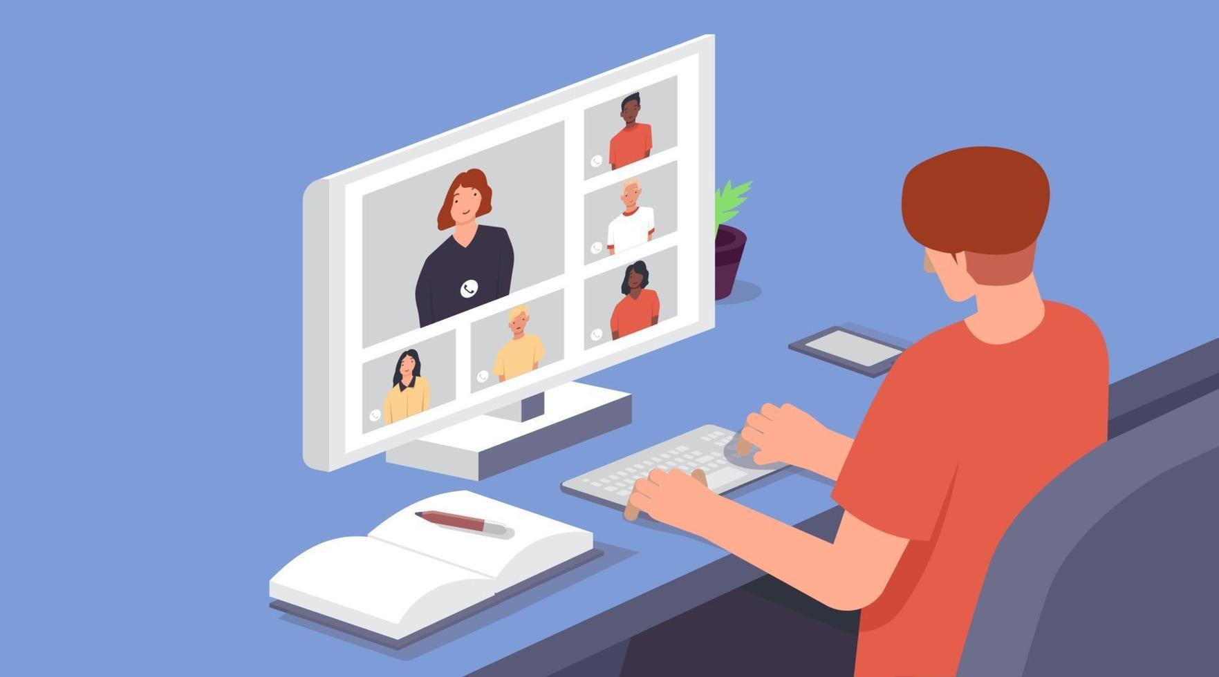 videoconferência, pessoas na tela do computador com um colega, espaço de trabalho de reunião on-line, conjunto de personagens de desenhos animados planos, ilustração vetorial vetor