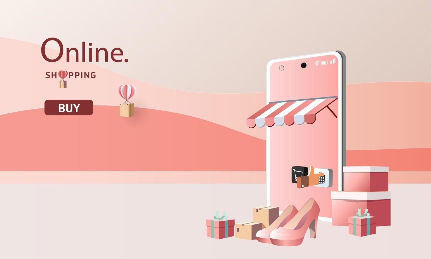 arte em papel, compras online no smartphone e novo comprar venda promoção rosa backgroud para comércio eletrônico de mercado de banner. vetor