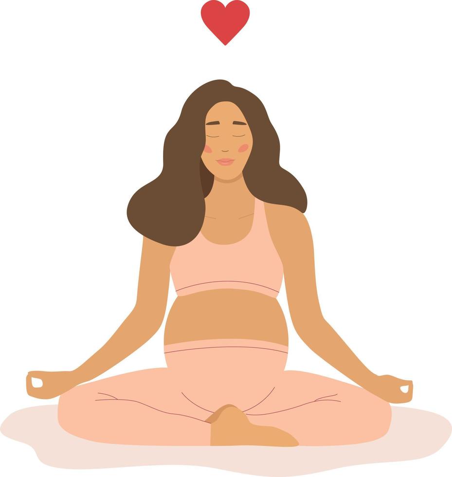 uma grávida mulher medita dentro a lótus posição e práticas ioga. a conceito do ioga, meditação, relaxamento, saúde, gravidez, maternidade. respiração exercícios e saúde Cuidado. plano vetor