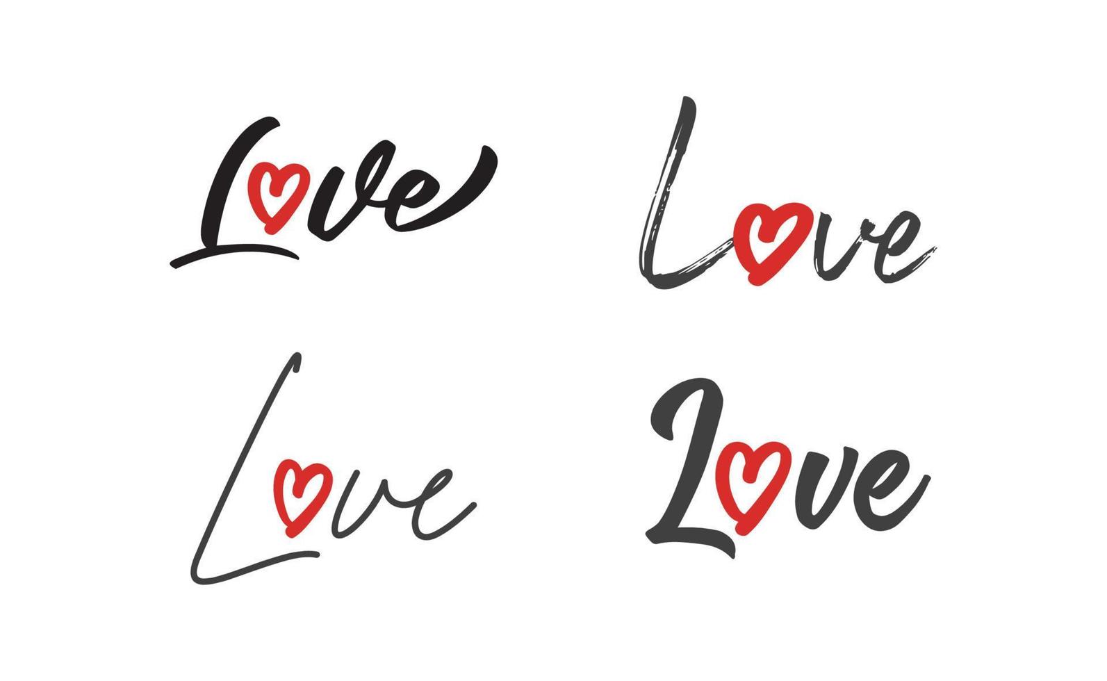 letras de amor com o ícone de forma de coração. design de cartão romântico de estilo desenhado à mão. vetor