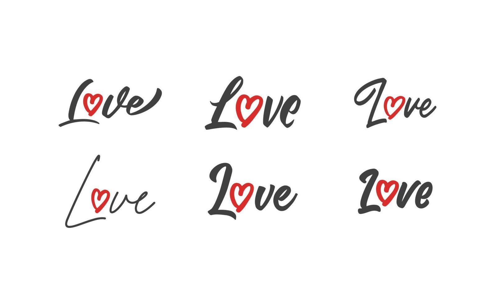 letras de amor com o ícone de forma de coração. design de cartão romântico de estilo desenhado à mão. vetor