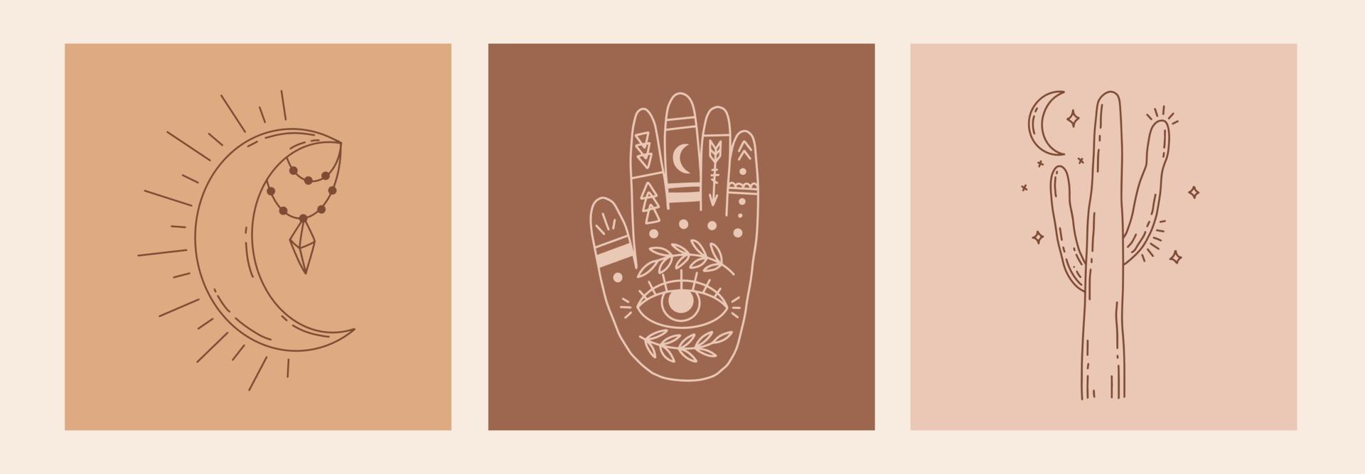boho místico doodle conjunto esotérico. pôster de arte linha mágica com as mãos, cacto, lua e estrelas. ilustração em vetor moderno boêmio