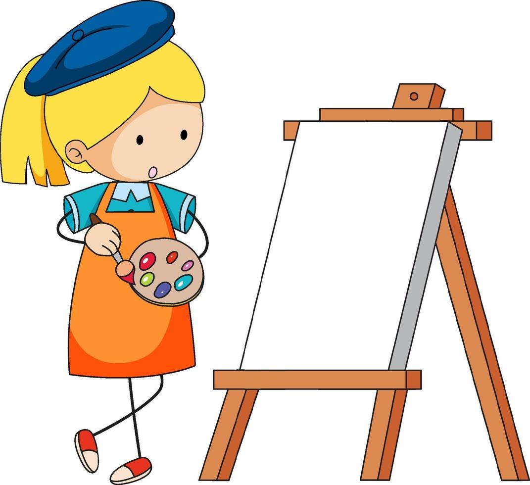personagem de desenho animado de pequeno artista com quadro em branco isolado vetor