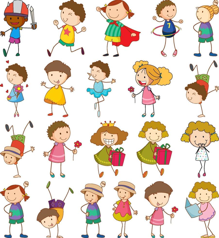 conjunto de crianças diferentes em estilo doodle vetor