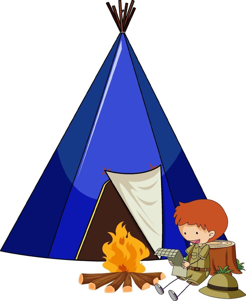 barraca de acampamento com personagem de desenho animado doodle infantil isolado vetor