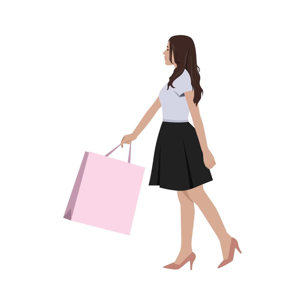 elegante mulher caminhando segurando pacotes com roupas depois de compras lado visualizar. vetor ilustração. venha Fora do fazer compras plano estilo. compras, moda conceito