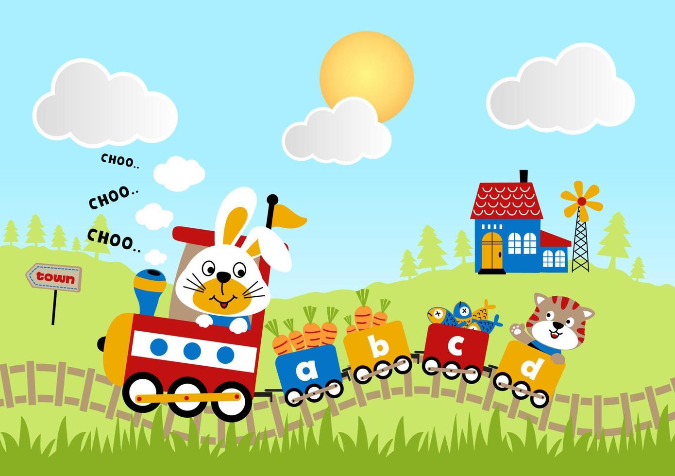 fofa Coelho com gato em vapor trem transportando cultivo em rural cena fundo , vetor desenho animado ilustração