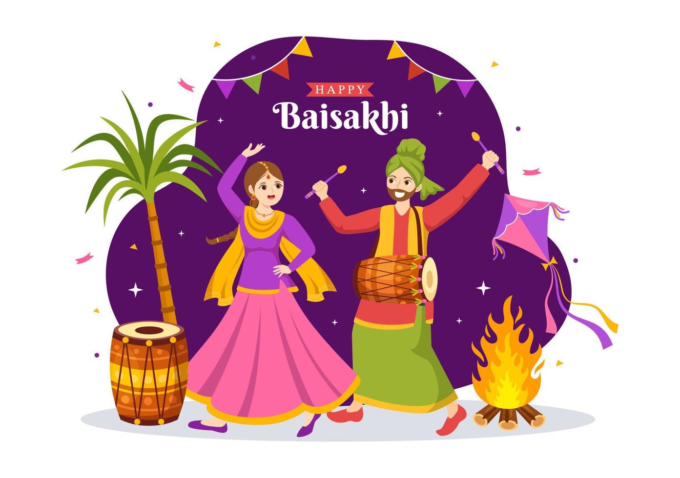 feliz baisakhi ilustração com vaisakhi punjabi Primavera colheita festival do sikh celebração dentro plano desenho animado mão desenhado para aterrissagem página modelos vetor
