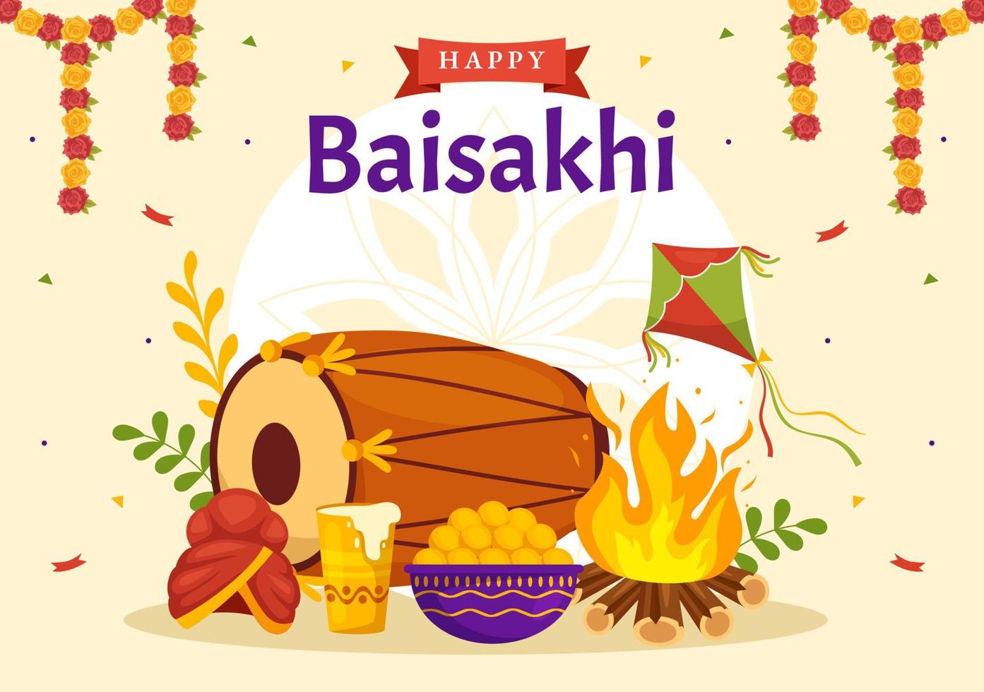 feliz baisakhi ilustração com vaisakhi punjabi Primavera colheita festival do sikh celebração dentro plano desenho animado mão desenhado para aterrissagem página modelos vetor