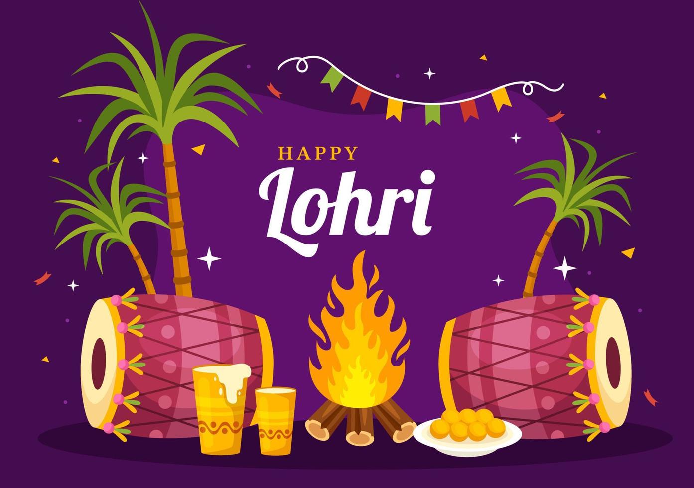 feliz Lohri festival do punjab Índia ilustração com jogando dança e celebração fogueira dentro plano desenho animado mão desenhado para aterrissagem página modelos vetor