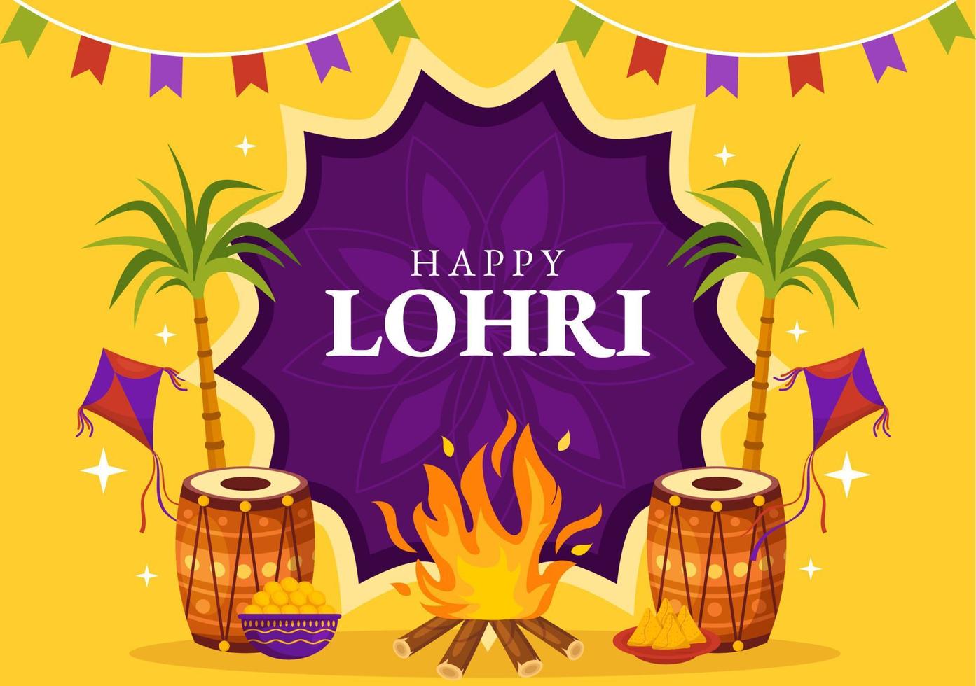 feliz Lohri festival do punjab Índia ilustração com jogando dança e celebração fogueira dentro plano desenho animado mão desenhado para aterrissagem página modelos vetor