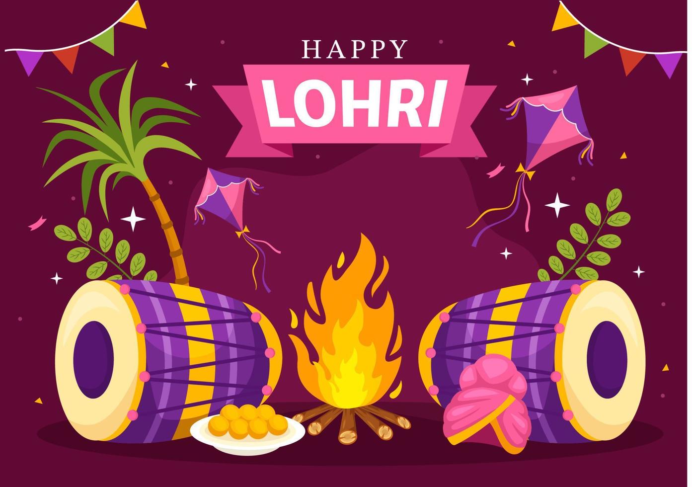 feliz Lohri festival do punjab Índia ilustração com jogando dança e celebração fogueira dentro plano desenho animado mão desenhado para aterrissagem página modelos vetor