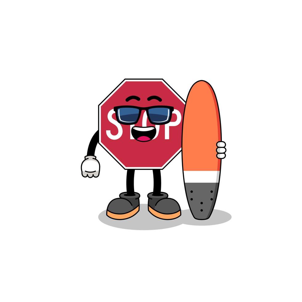 mascote desenho animado do Pare estrada placa Como uma surfista vetor