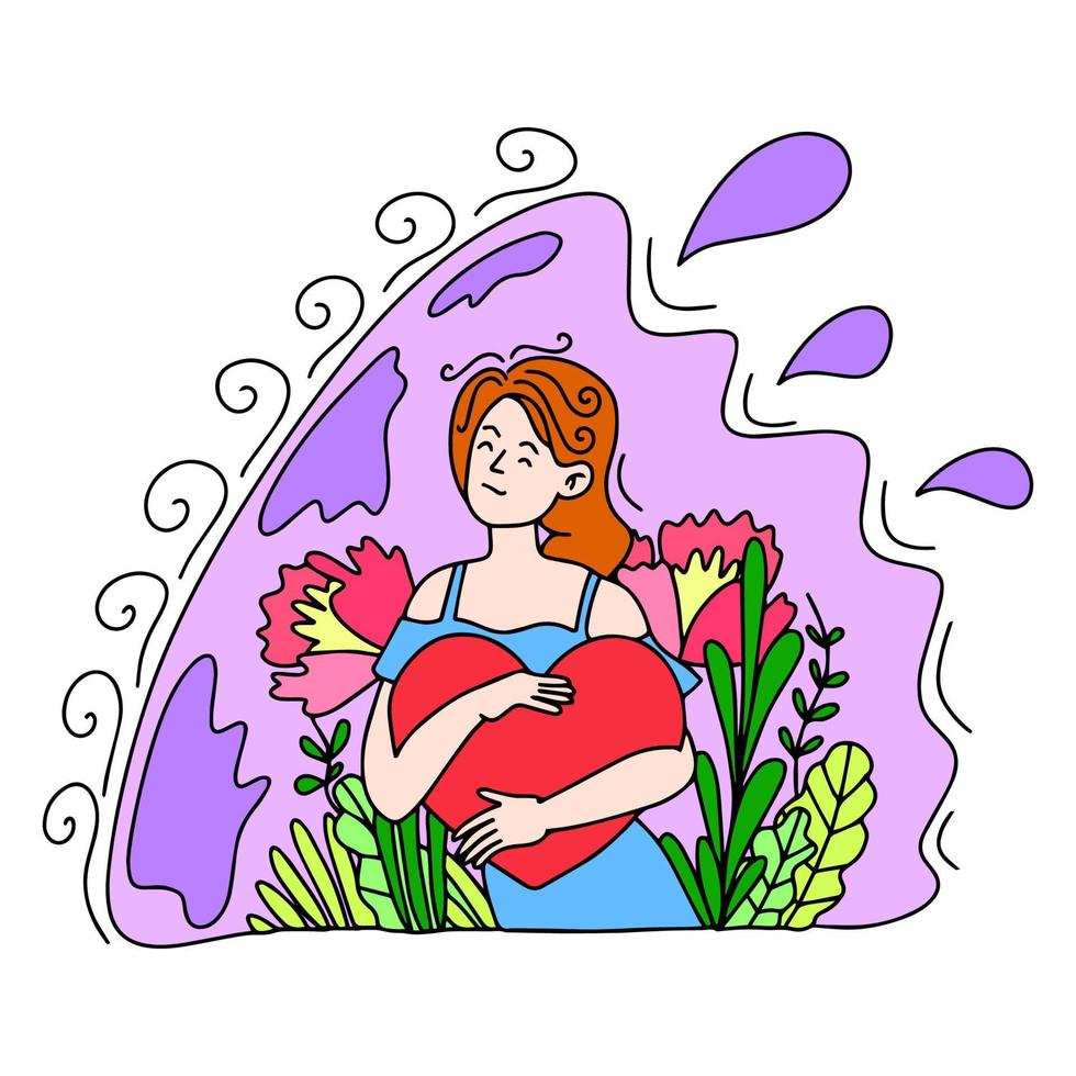 uma menina entre flores abraços uma coração. Parabéns em dia dos namorados dia e marcha 8º. isto é uma vetor cenário dentro a estilo do uma quadrinho livro