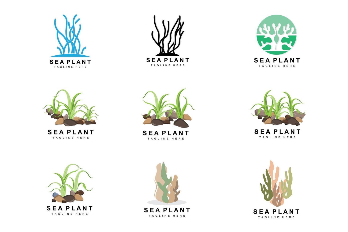 logotipo de algas marinhas, design vetorial de plantas marinhas, mercearia e proteção da natureza vetor