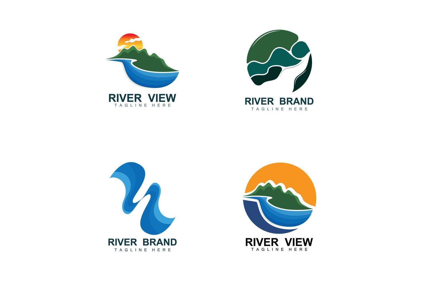 design de logotipo do rio, vetor de riacho do rio, ilustração ribeirinha com uma combinação de montanhas e natureza, marca do produto