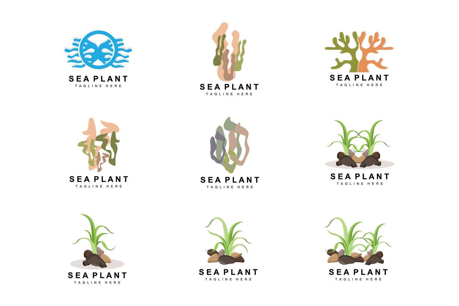 logotipo de algas marinhas, design vetorial de plantas marinhas, mercearia e proteção da natureza vetor