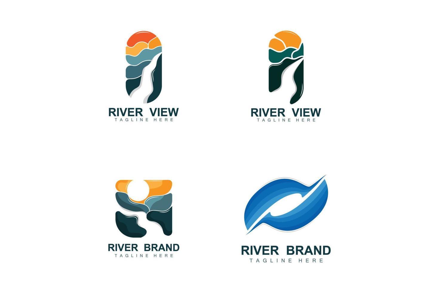 design de logotipo do rio, vetor de riacho do rio, ilustração ribeirinha com uma combinação de montanhas e natureza, marca do produto