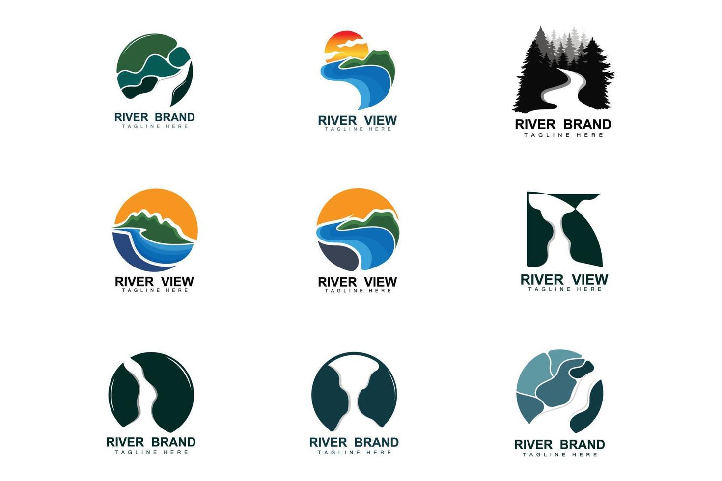 design de logotipo do rio, vetor de riacho do rio, ilustração ribeirinha com uma combinação de montanhas e natureza, marca do produto