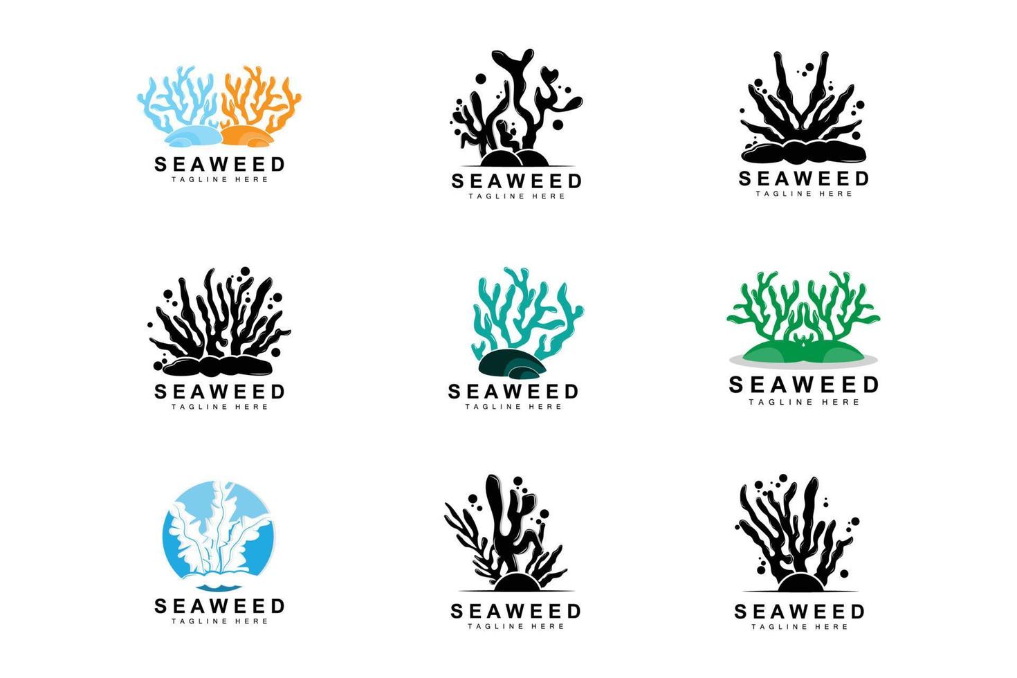 design de logotipo de algas marinhas, ilustração de plantas subaquáticas, cosméticos e ingredientes alimentares vetor