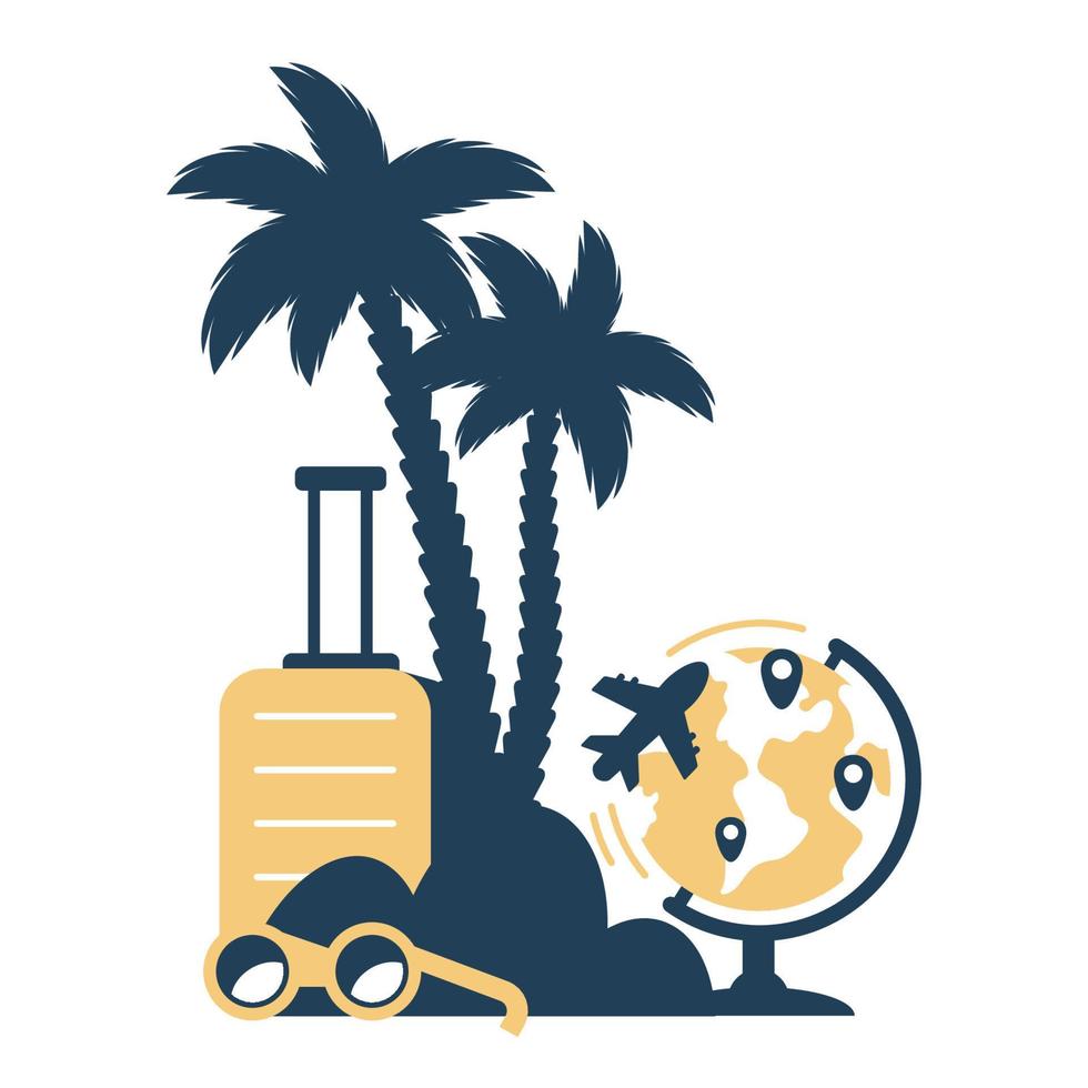 verão viagem fundo. viagem objetos com avião, Passaporte, mala, copos, globo, localização símbolo. turismo conceito. vetor plano ilustração para rede, promocional, anúncio, viagem agência.