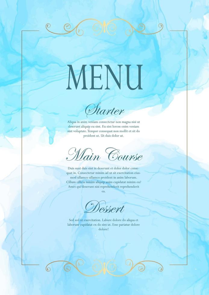 design de menu elegante com textura aquarela pintada à mão e moldura dourada vetor