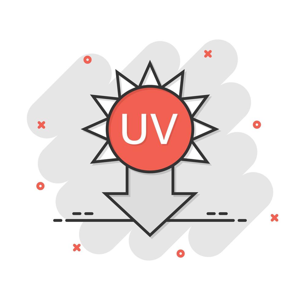 ícone de radiação uv em estilo cômico. ilustração em vetor ultravioleta dos desenhos animados em fundo branco isolado. conceito de negócio de efeito de respingo de proteção solar.