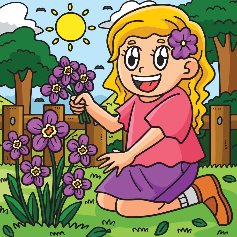 Primavera menina colheita flores colori ilustração vetor