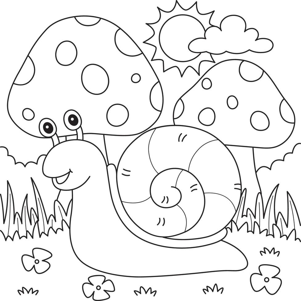 Primavera Caracol com cogumelo coloração página para crianças vetor