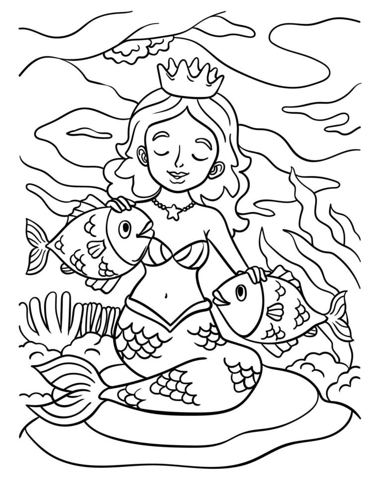 Princesa sereia e peixe coloração página para crianças vetor