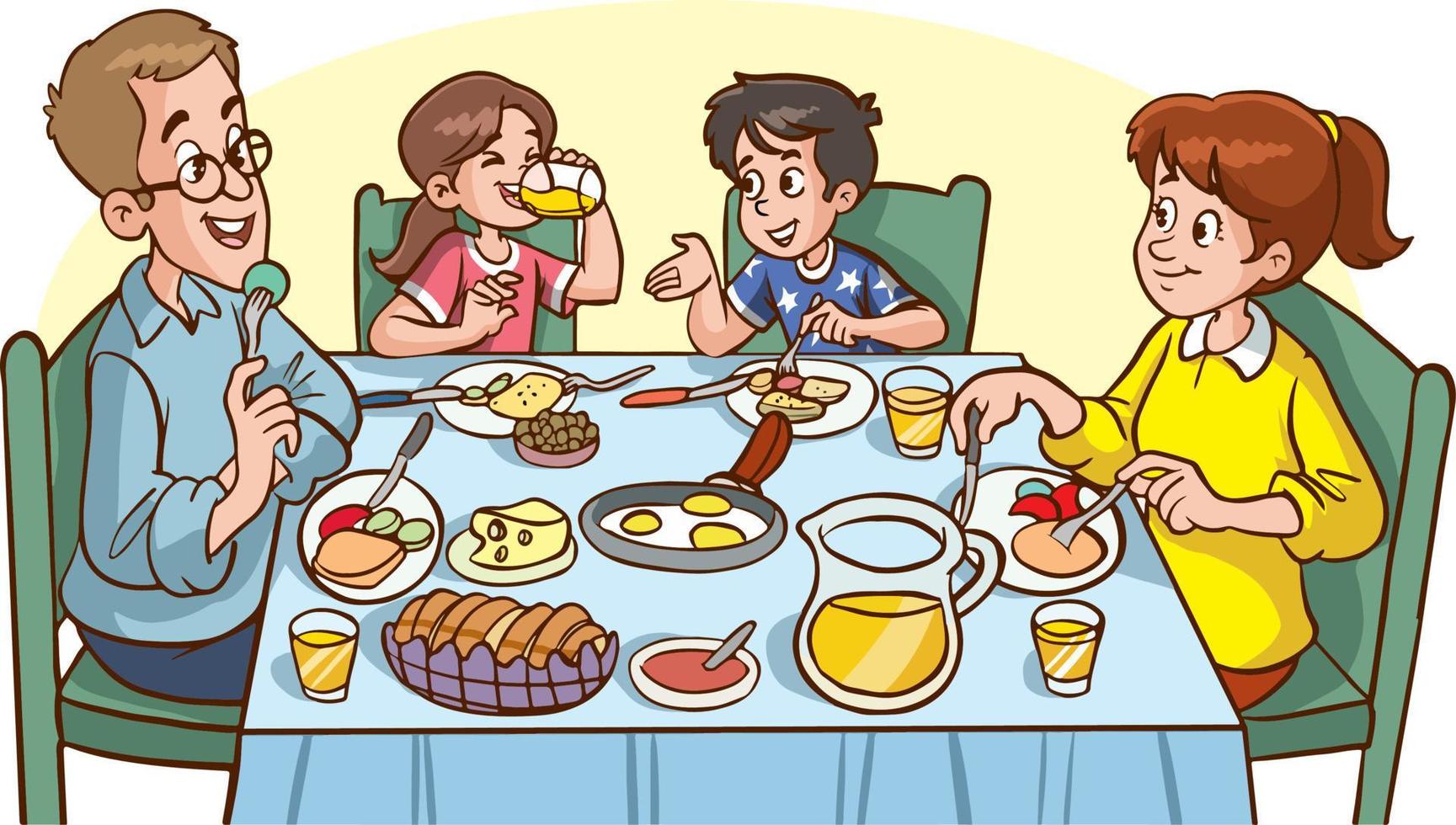 família fofa está comendo na mesa de jantar, eles estão tomando café da manhã vetor de desenho animado