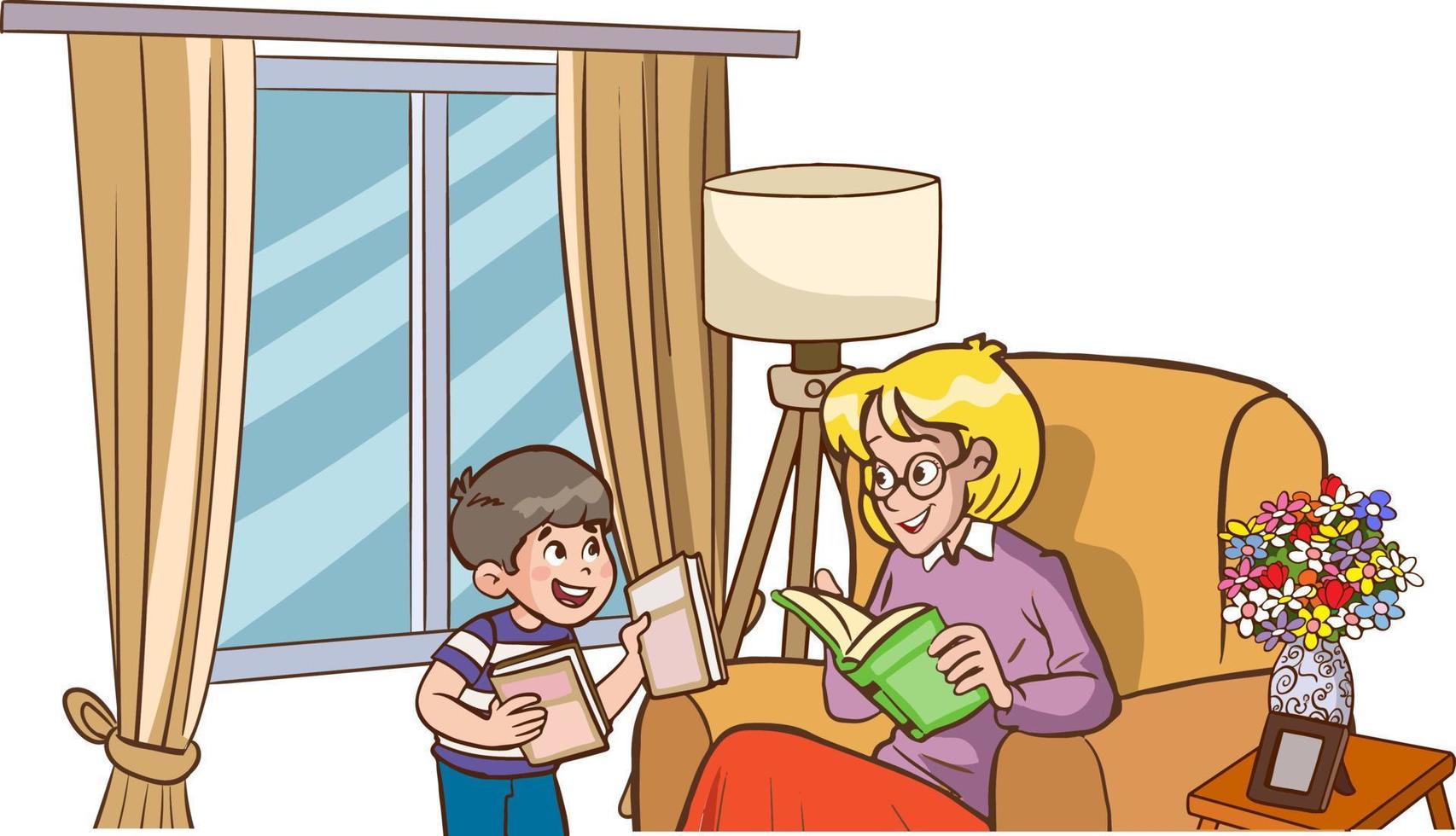 família desenho.mulher lendo livro e crianças estudando desenho animado vetor