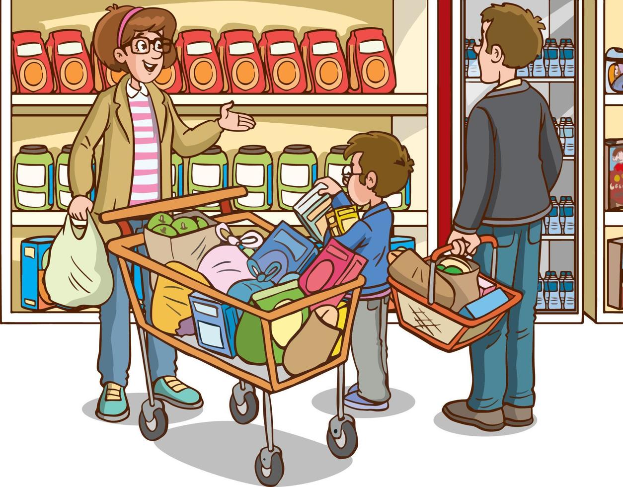 compras crianças e família desenho animado vetor ilustração