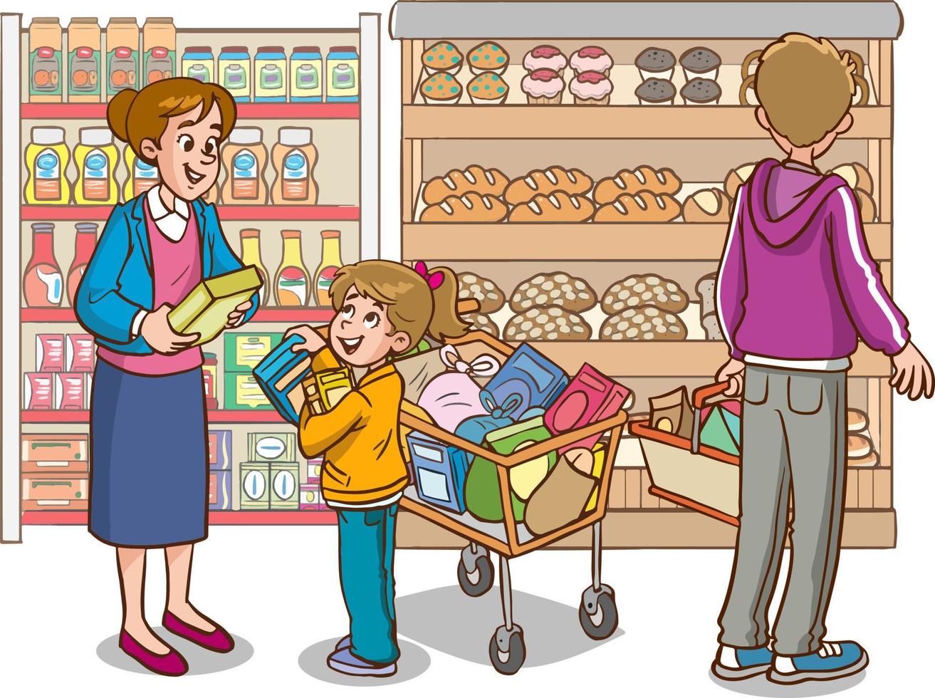 compras crianças e família desenho animado vetor ilustração