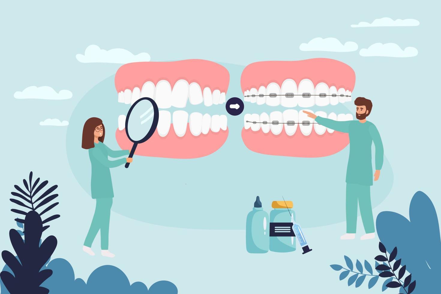 ortodontista instala aparelho dentário para alisamento. pequeno dentista médico pesquisa imagem de raio-x do dente. odontologia, instalação de aparelho, alinhamento dos dentes. próteses, tratamento ortodôntico vetor