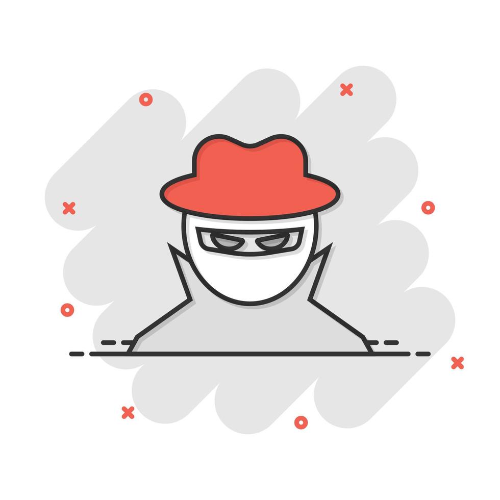 ícone de hacker de fraude em estilo cômico. ilustração em vetor espião dos desenhos animados no fundo isolado. cyber defender conceito de negócio de efeito de respingo.