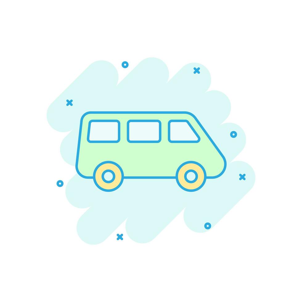 ícone de sinal de minivan de passageiros em estilo cômico. carro ônibus vector ilustração dos desenhos animados no fundo branco isolado. efeito de respingo de conceito de negócio de banner de caminhão de entrega.