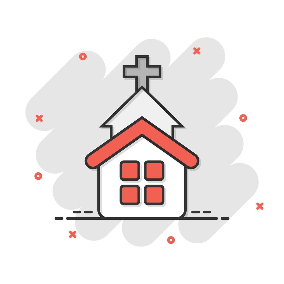 ícone da igreja em estilo cômico. capela ilustração dos desenhos animados vetor sobre fundo branco isolado. efeito de respingo de conceito de negócio de construção religiosa.