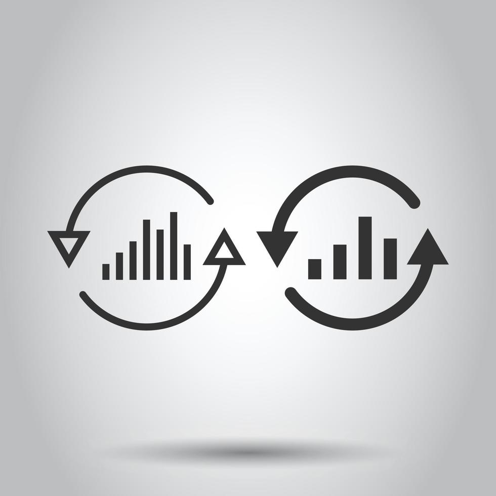 crescente ícone de gráfico de barras em estilo simples. aumentar a ilustração em vetor seta no fundo branco isolado. conceito de negócio de progresso infográfico.