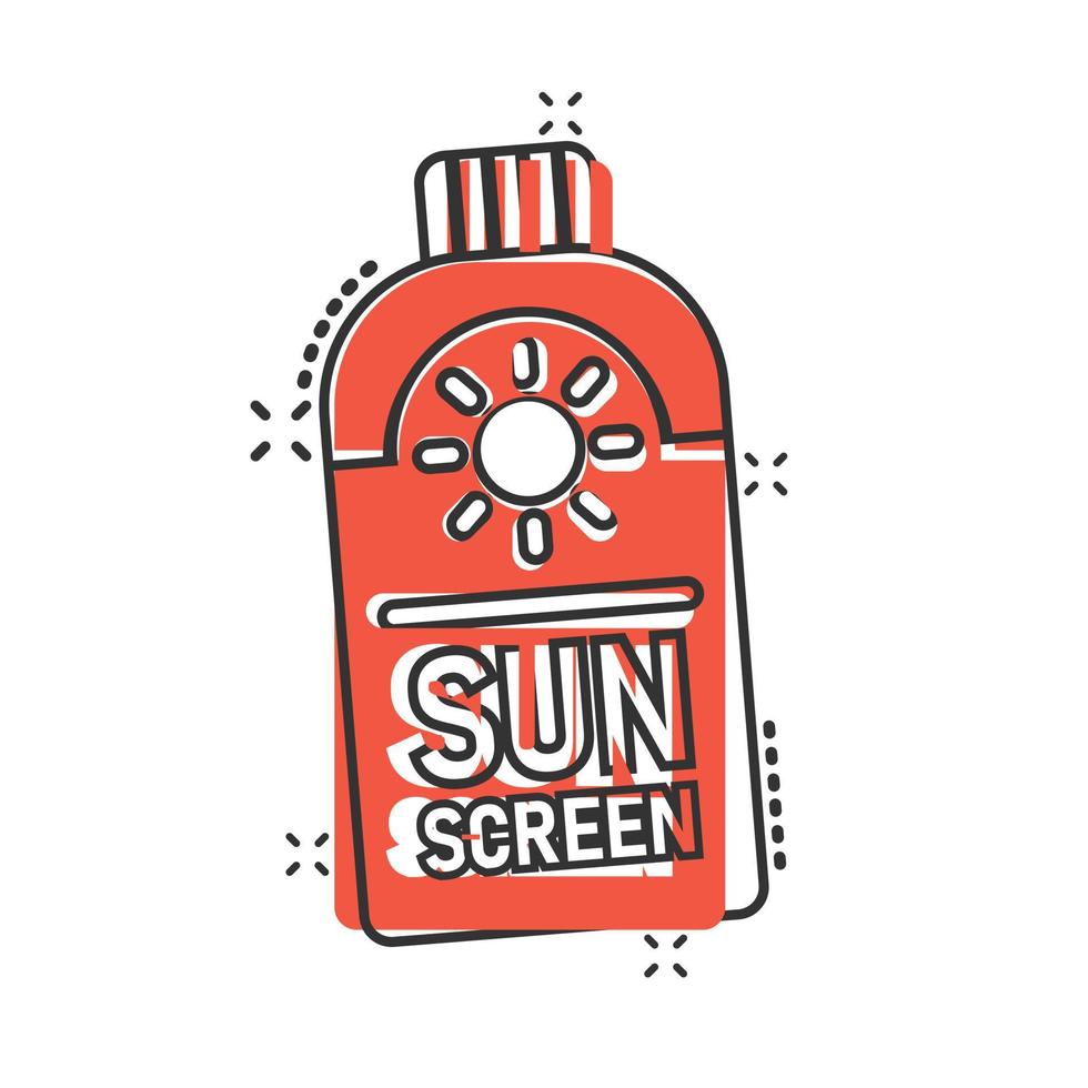 ícone de proteção solar em estilo cômico. ilustração em vetor creme protetor solar dos desenhos animados no fundo branco isolado. conceito de negócio de efeito de respingo de cuidado spf.